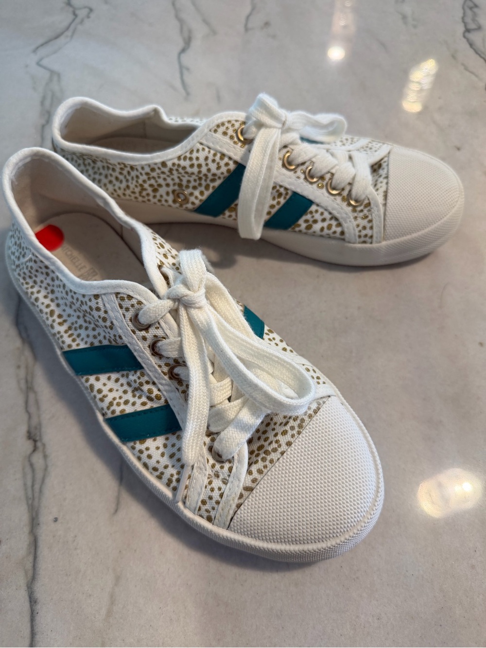 White and gold dots Print Lace-Up Sneakers with Teal Stripes Size 9